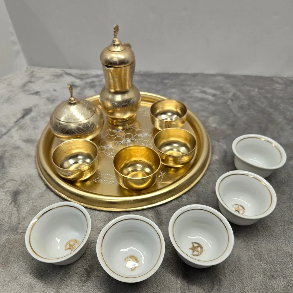 Vintage Zlatar Sarajevo Brass Coffee Set‎ Etched Tray Dzezva Sugar Bowl 5 Cups